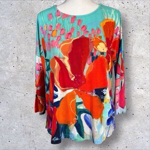 Ali Miles Tunic Top Womens Medium Red Turquoise Bold Floral Artsy Casual